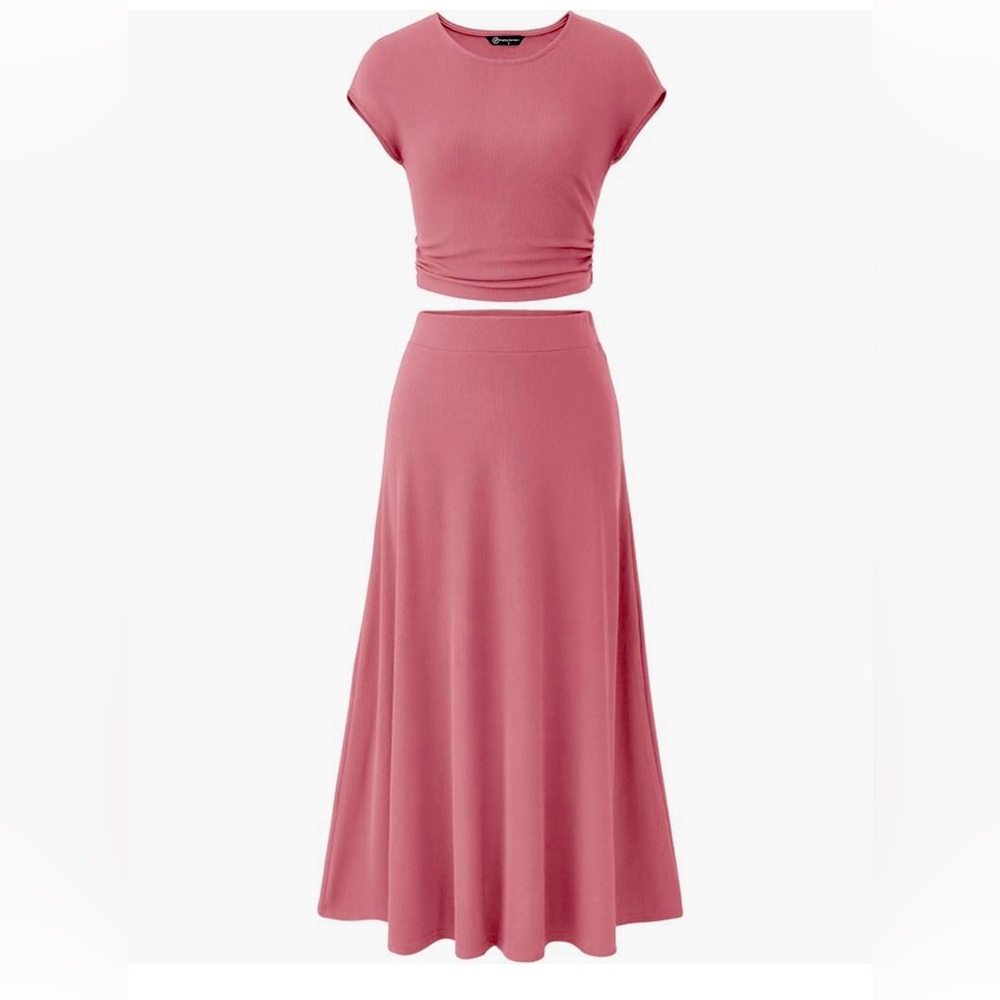 Women's 2piece Short Sleeve Crop Top High Waist Midi Skirt Set-rose-M